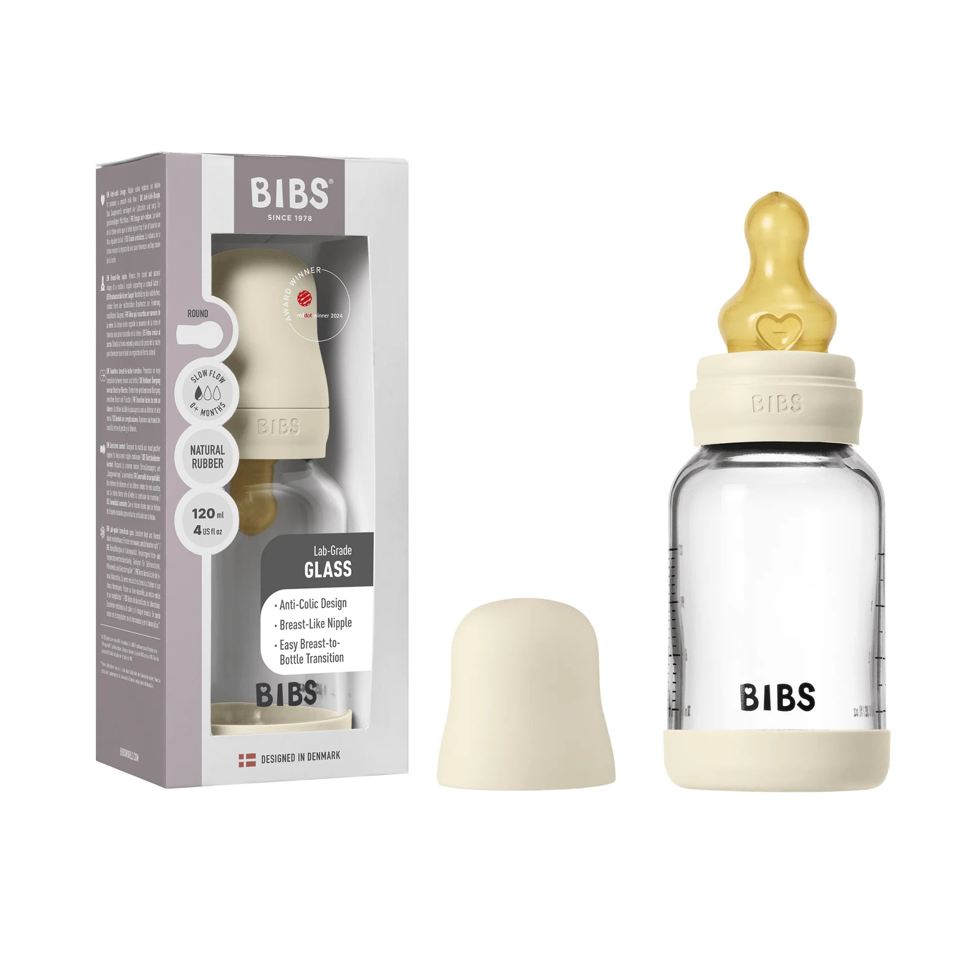 BIBS Glass Baby Bottle Round Latex 1 pack 120 ml Slow Flow Ivory