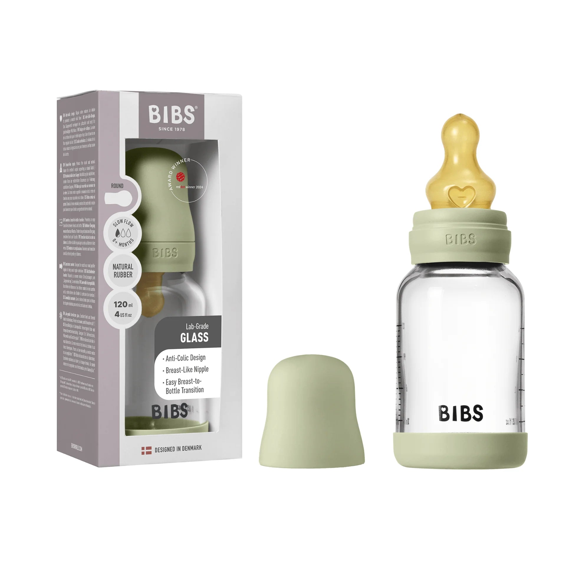 BIBS Glass Baby Bottle Round Latex 1 pack 120 ml Slow Flow Sage