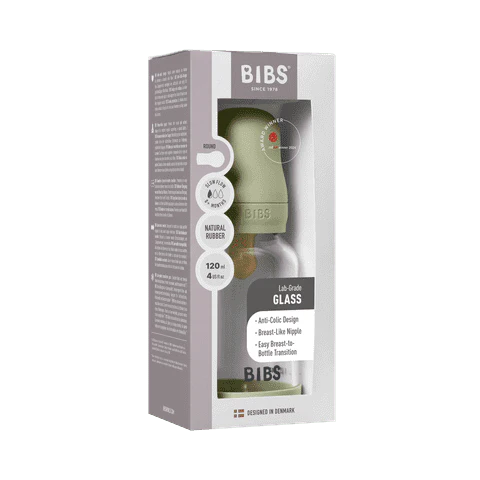 BIBS Glass Baby Bottle Round Latex 1 pack 120 ml Slow Flow Sage