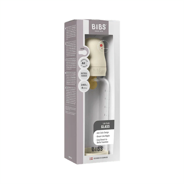 BIBS Glass Baby Bottle Round Latex 1 pack 240 ml Medium Flow Ivory