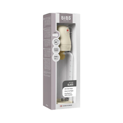 BIBS Glass Baby Bottle Round Latex 1 pack 240 ml Medium Flow Ivory