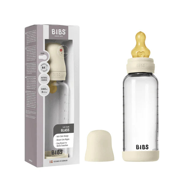 BIBS Glass Baby Bottle Round Latex 1 pack 240 ml Medium Flow Ivory