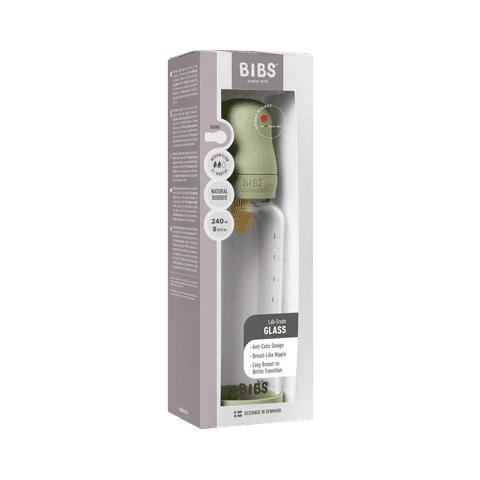 BIBS Glass Baby Bottle Round Latex 1 pack 240 ml Medium Flow Sage